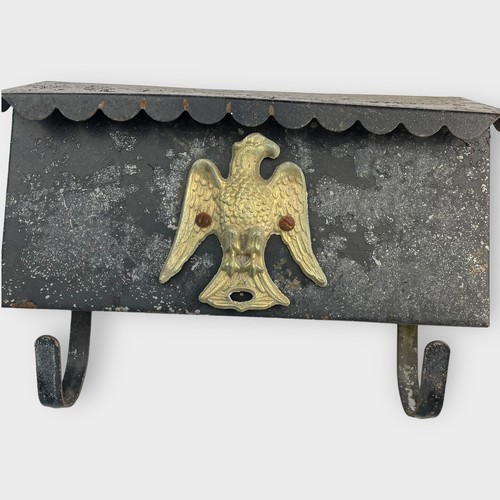 VTG Hanging House Mail Box Black Metal Distressed Gold Eagle Emblem Hinged Lid