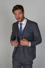 Mens  Textured Checked  Suit 3 Piece Tailored Fit Grey  Blue Formal Business Set