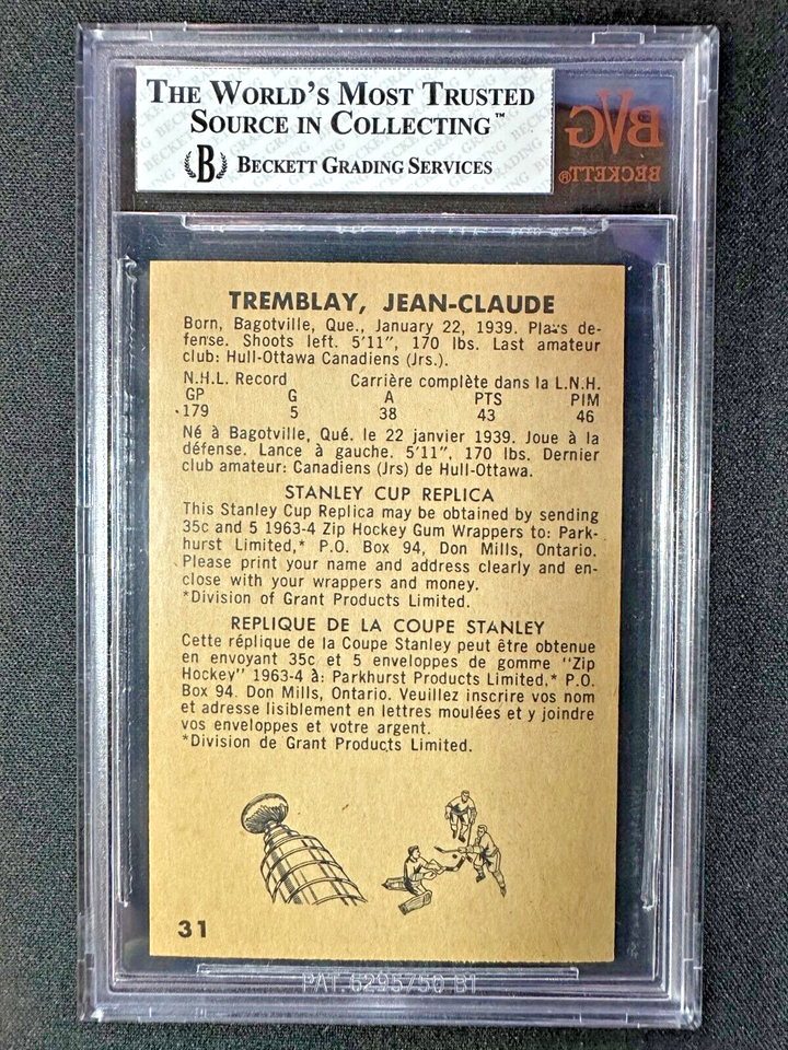 Jean-Claude Tremblay 1963-64 Parkhurst #31 Canadien de Montréal BVG 7 ...