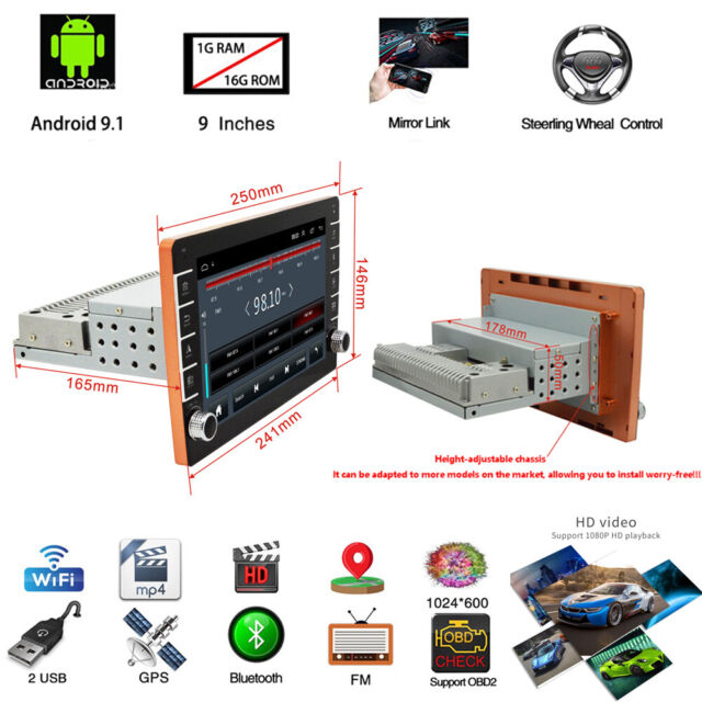 9&#039;&#039; 1DIN Android 9.1 Touch Screen WiFi 1G+16G HD Car Stereo Radio GPS MP5 Player