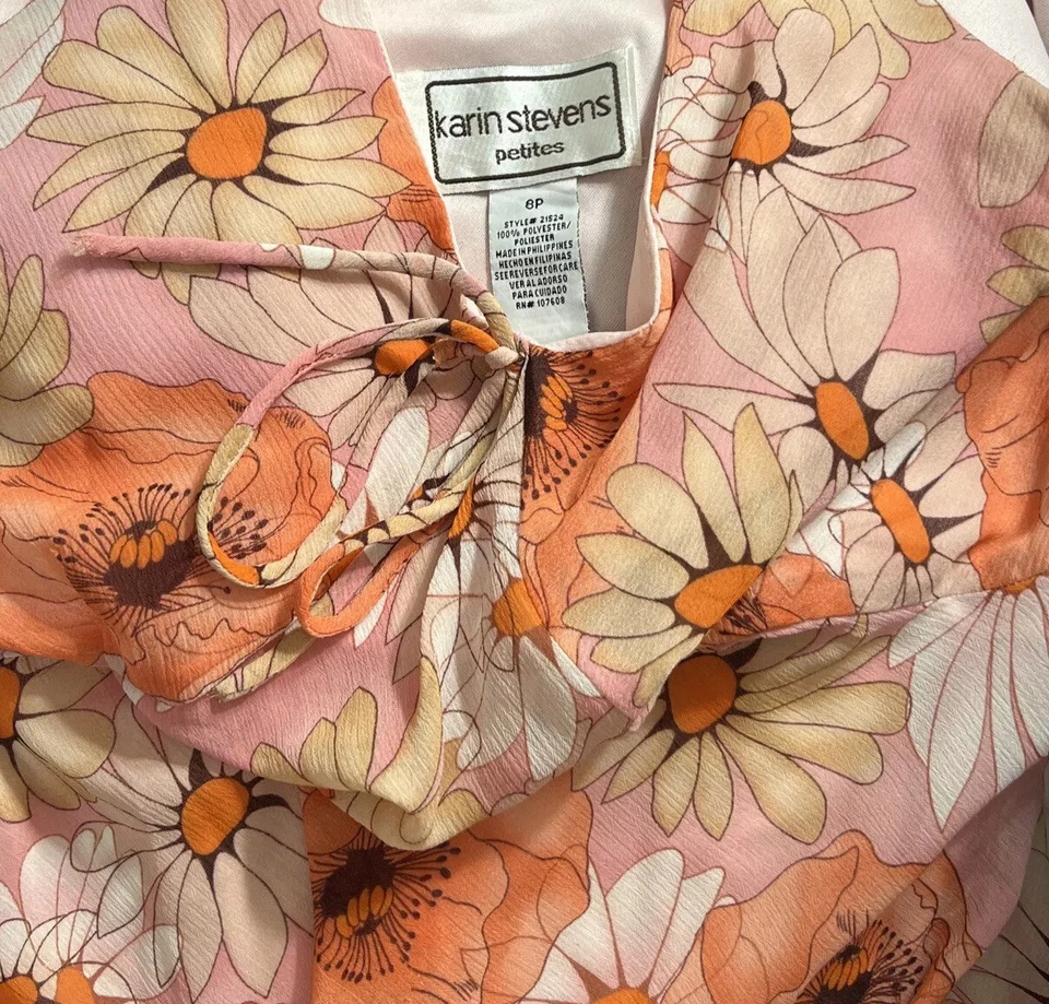 Vintage Karin Stevens Colorful Floral Sun Dress Sz 8P M Y2k Boho Asymmetric Bow - Image 2 of 4