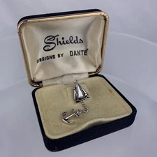 Sailboat Anchor Silver Tone Tie Tack Pin Yacht Dante Box NOS Shields Vintage