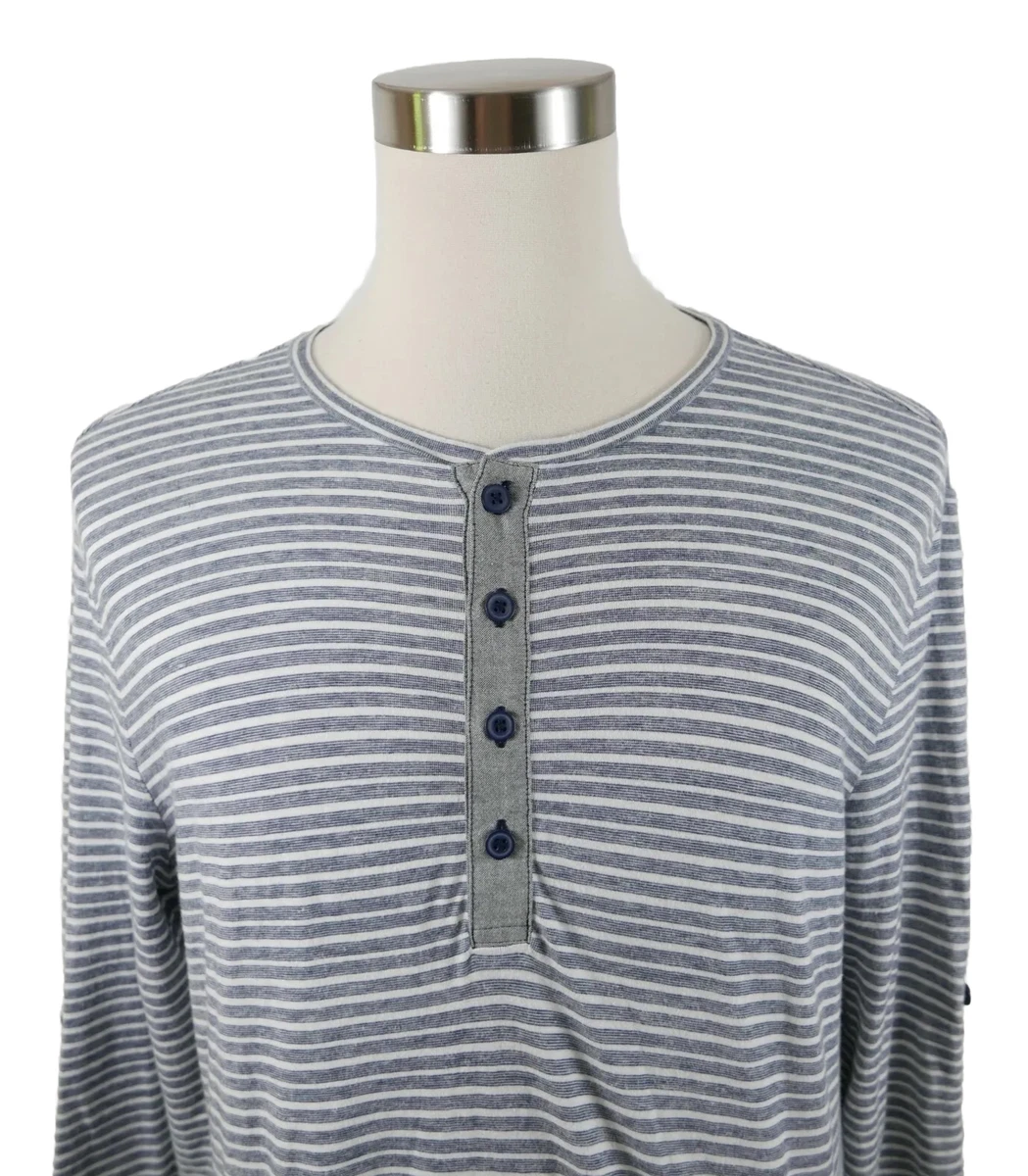 Express Mens Cotton Long Sleeve Navy Blue White Striped Henley T Shirt  Large | eBay