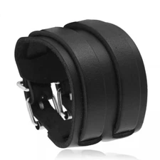 Men's Punk Rocker Biker Gothic Heavy Wide Leather Straps Wristband Cuff Bracelet