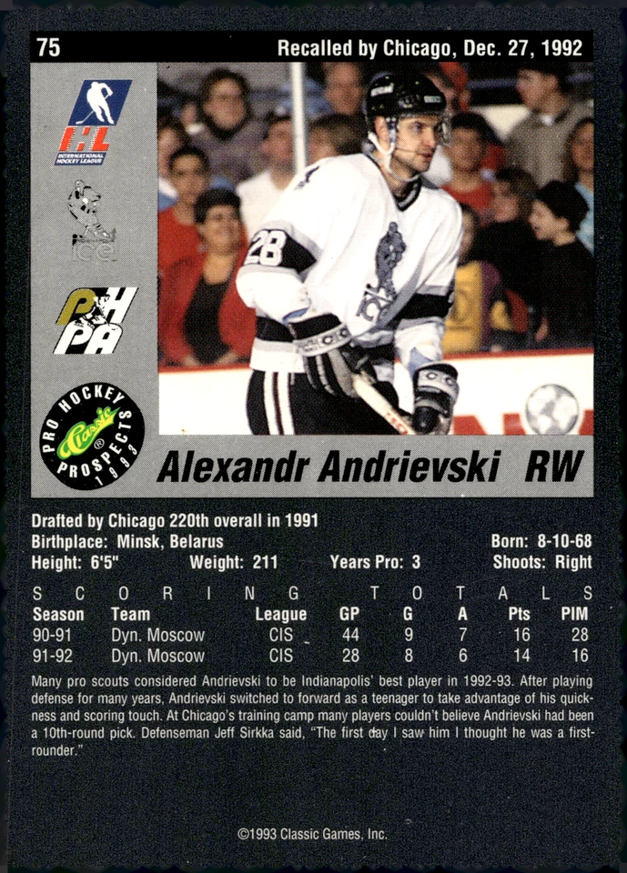 1993 Classic Games, Inc Alexandr Andrievski #75 Blackhawks - Image 2 of 2