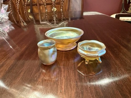 RARE Louis Comfort Tiffany/Favrile Glass Salt Cellar, Bowl and Mini Vase! Nice!
