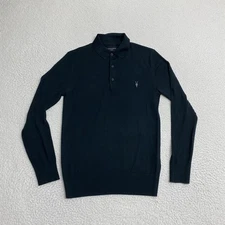 AllSaints Polo Shirt Mens XS Black Mode Merino Long Sleeve Ram Skull Logo Knit