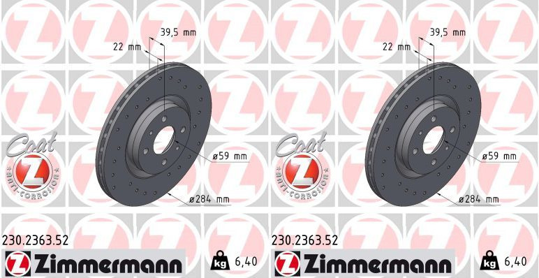 2x DISCOS DE FRENO Zimmermann Sport Z 284 mm PERFORADOS VENTILADOS POR DENTRO DELANTEROS adecuados para