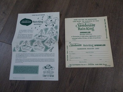 1955 Sunbeam Rain King vintage water lawn sprinkler Instructions Register Card