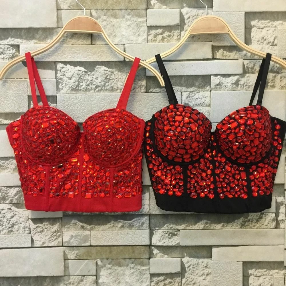 Red Rhinestone Summer Corset Women Festival Party Bustier Bra Pearls Up  Bralette