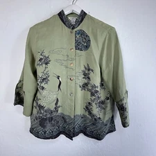 Citron Santa Monica 100% Silk Asian-Inspired Jacket Size PS Crane & Floral Print