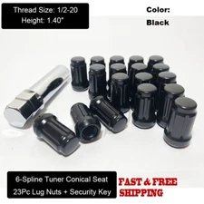 23 Black Spline Lug Nuts 1/2"-20 For Jeep Wrangler JK YJ TJ KK MJ + Security Key
