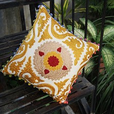 Suzani Cushion Cover Golden Christmas Gift Pillow Cases Woolen Embroidered 16"