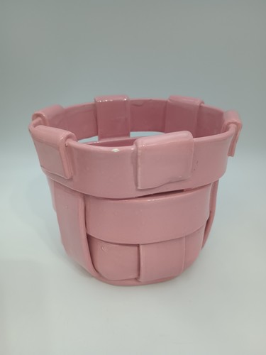 Vtg ITALIAN Made Ceramic Lattice Basket Woven BOWL DISH Flower Pot Pink - Picture 3 of 9