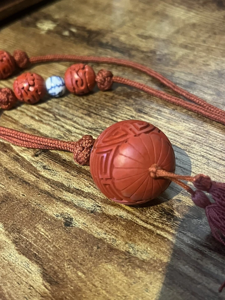 Vtg Chinese Carved Red Cinnabar Lacquer Bead Shou pendant Necklace Hand Knotted - Image 3 of 4