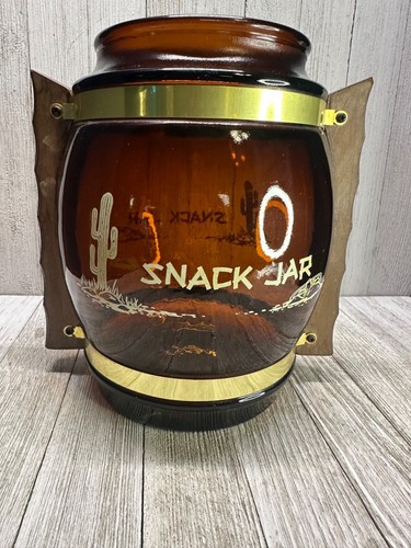 Vintage Siesta Ware Snack Jar Amber Glass Barrel Shaped with Wooden Handles