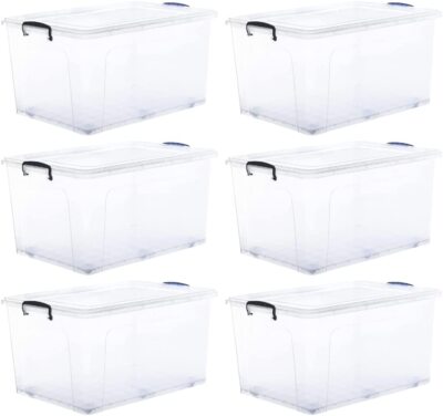 Superio Deep Clear Plastic Stackable Wheeled Storage Bin with Lid, 85 Qt, 6 pack