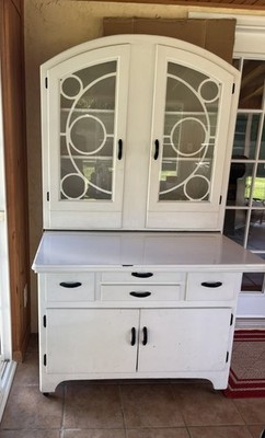 Art Deco Kitchen Hutch with porcelain top and geometric glass doors - circa 1940