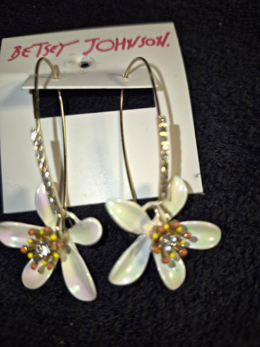 Betsey Johnson Dangle Hook Earrings Flower Cluster Clear Crystal Rhinestone