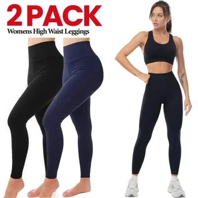 1-2 Pack Womens High Waist Gym Leggings Fitness Sports Cotton Yoga Trouser Pants - Image 1 of 4
