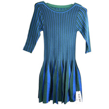 Blue Sky Dress Womens Medium Blue Green Striped Knit Fit Flare Sweater Mini
