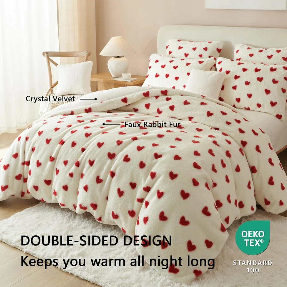 Conjunto de capa de edredom fofa tamanho duplo pele sintética veludo flanela coração vermelho impresso co... - Imagem 3 de 4