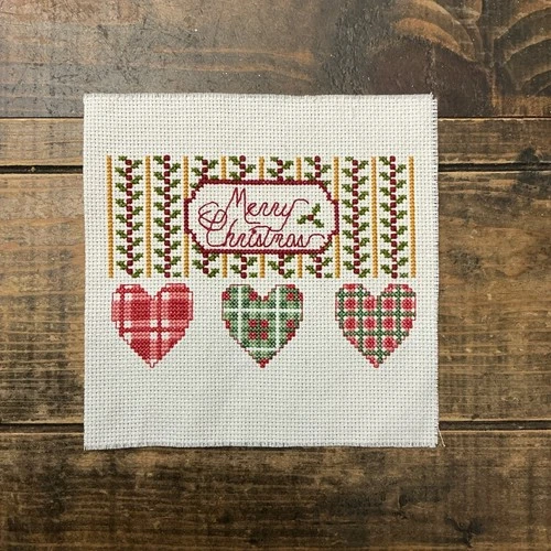 Completed Counted Cross Stitch Christmas Themed Hearts Holly Leaves Holiday