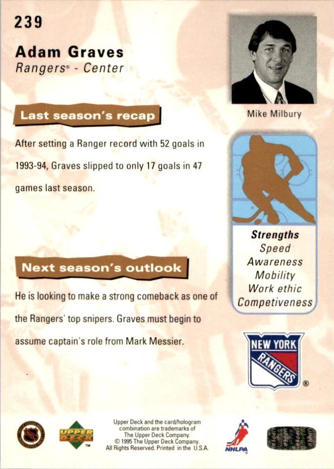 1995-96 Upper Deck Adam Graves New York Rangers #239 - Image 2 of 2