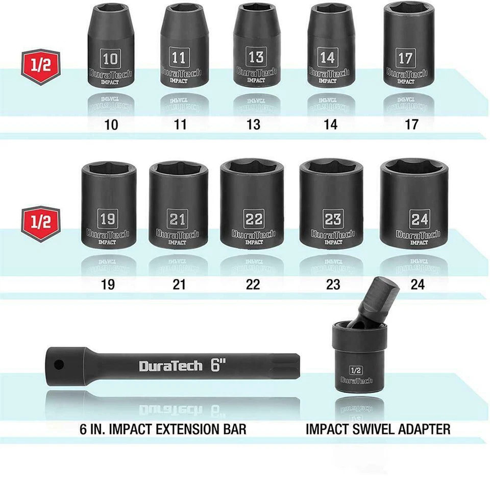 DURATECH 12PCS 1/2''Drive Impact Socket Set Metric Sockets Adapter Extension Bar - Image 4 of 4