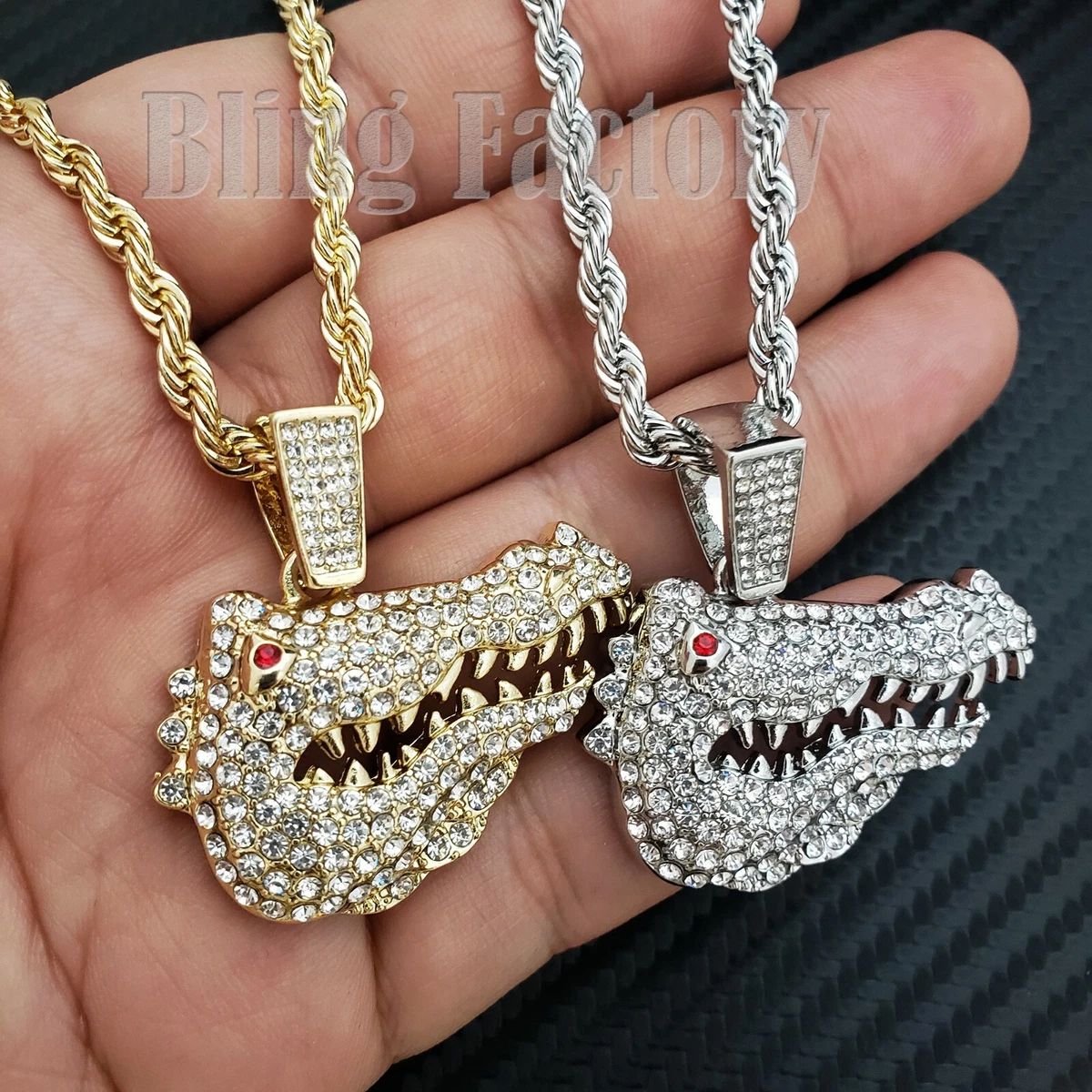 Iced Unisex Gold Silver Tone Crocodile Pendant 24