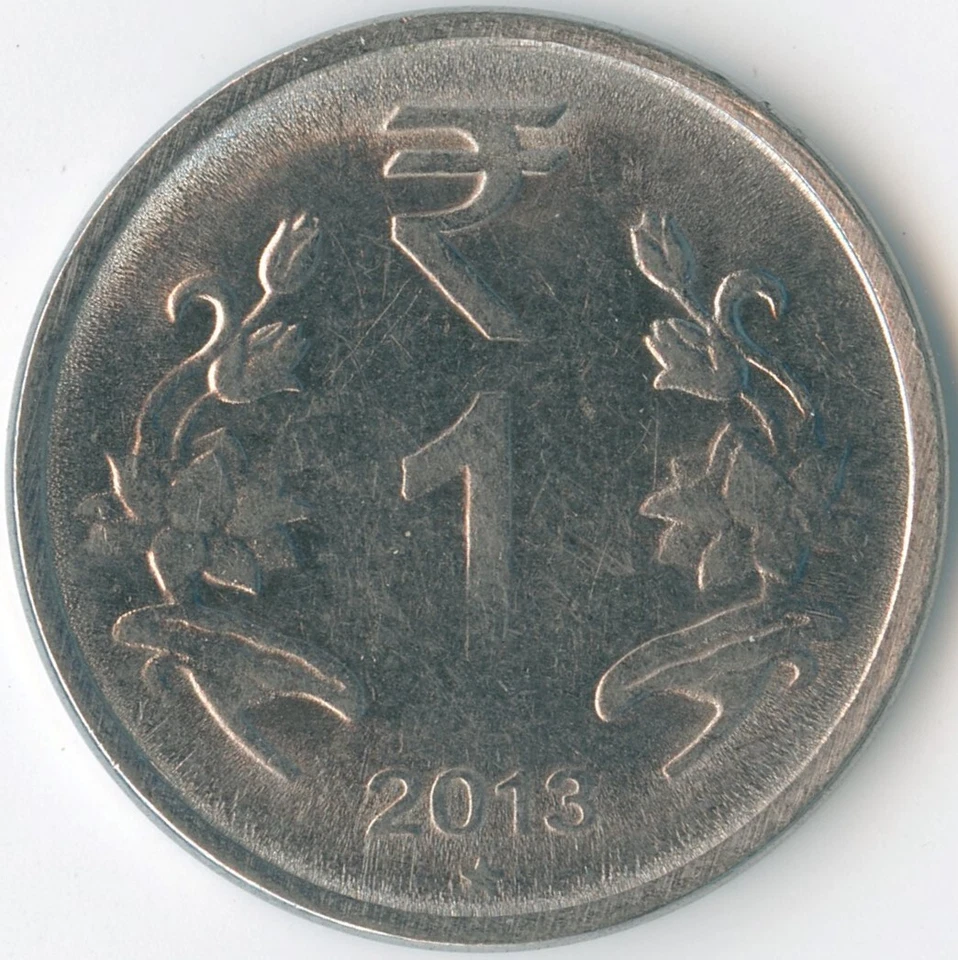 India 2013 * 1 Rupee KM# 394 Stainless Ashoka Lion Capitol Lotus Flowers Value - Image 3 of 3