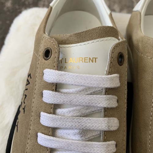 NEW YSL Saint Laurent Leather Logo Embroidered Tan Beige Suede Sneakers 38.5 - Picture 4 of 10