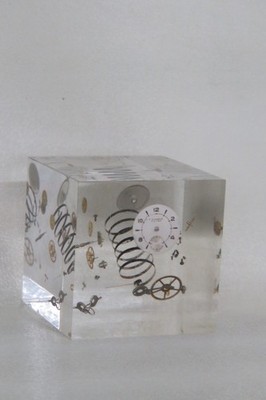 Pierre Giraudon Inclusion Floating Watch Parts Resin Cube Paperweight 4427B