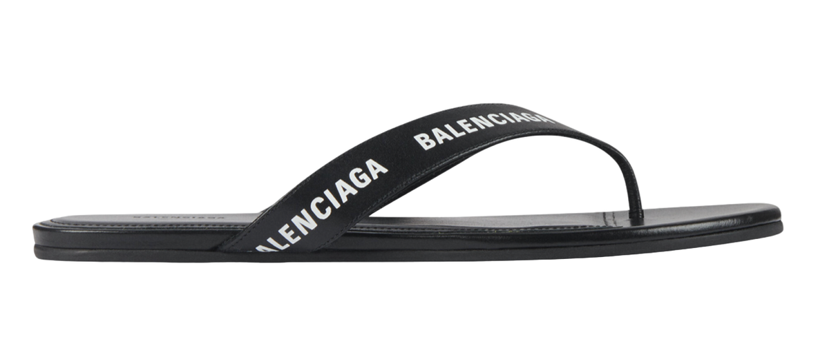 Balenciaga Black White Leather Logo Thong Slide Slip Sandal