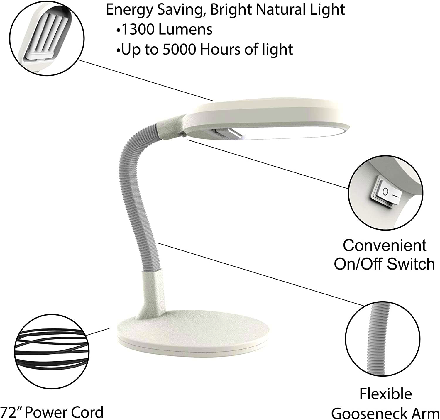 26" Tall Sunlight Desk Lamp Bright, Adjustable Gooseneck, Reading