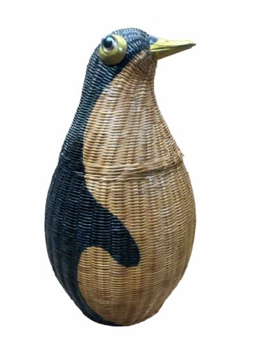 Shanghai Handcrafts Vintage Woven Wicker Penguin Lidded Container Basket 1970’s - Picture 1 of 12
