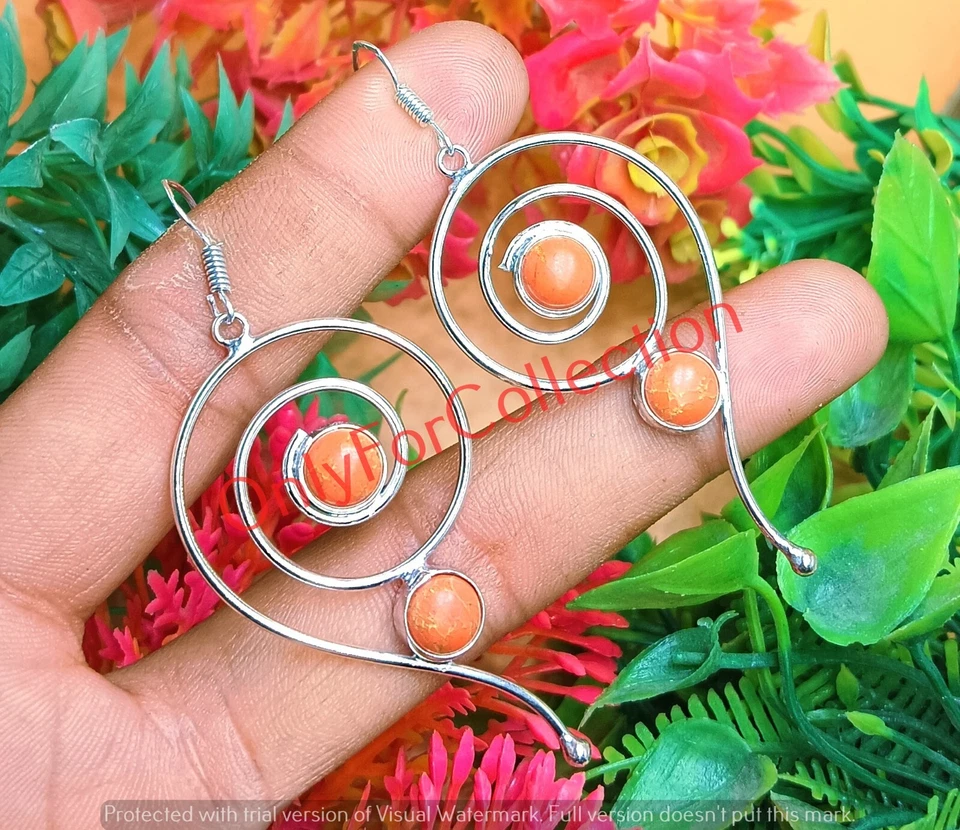 Lote de pendientes naranja turquesa piedras preciosas enchapados en plata de ley 925 ilusión giratoria Foto 3 de 3