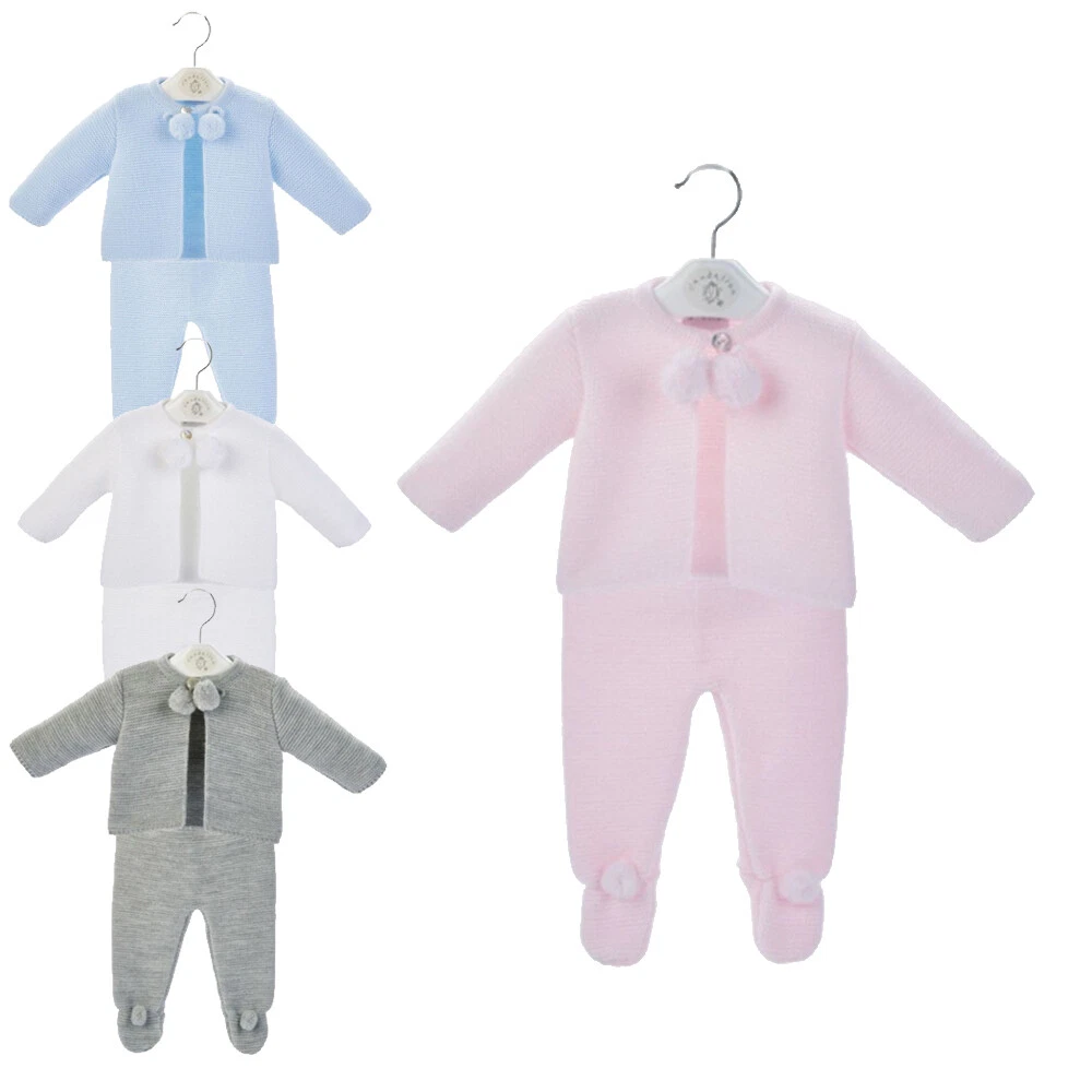 BABY SPANISH KNITTED OUTFIT WHITE PINK BLUE NEWBORN GIRLS BOYS GIFT PRAM SET