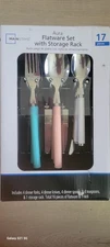 Mainstays 17 Piece Aura Flatware Set/ Storage Rack Multicolor, Service for 4 New
