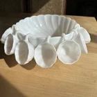 Hazel Atlas Milk Glass Colonial Swirl Vintage Punch Bowl With 7 Cups MCM
