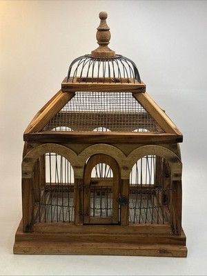 Rare Big Antique Wooden Bird Cage Victorian Style Removable Waste Catch 18  Tall