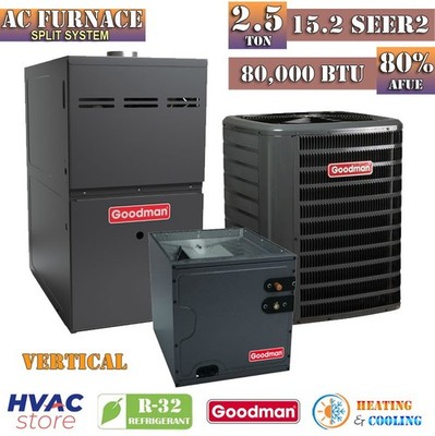 Goodman 2.5 Ton 15.2 SEER2 AC & Gas Furnace System 80% AFUE 80K BTU Vertical R32