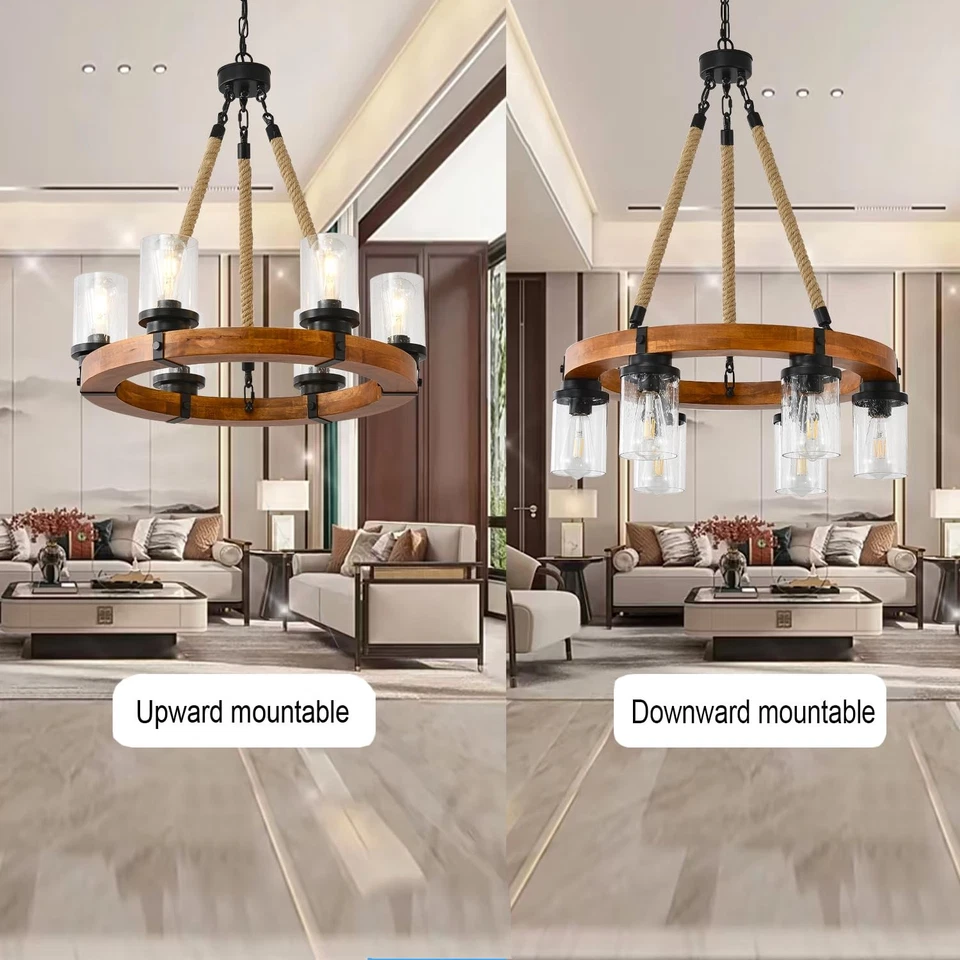 Lámpara de araña de madera para rueda de vagón de 6 luces con vidrio sembrado... Foto 4 de 4