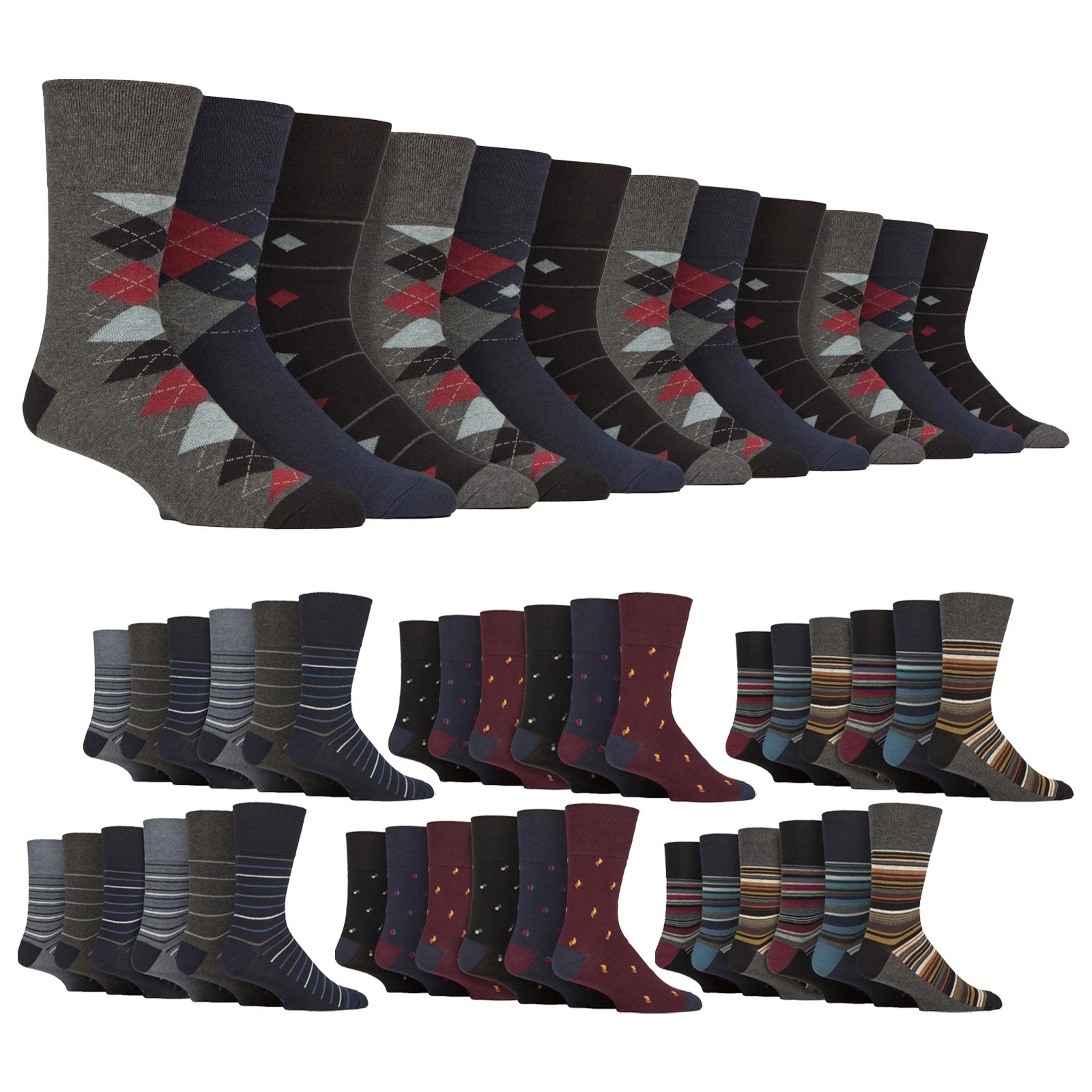 Gentle Grip - 12 Pairs Mens Cotton Socks | Patterned Non-Binding Everyday Socks