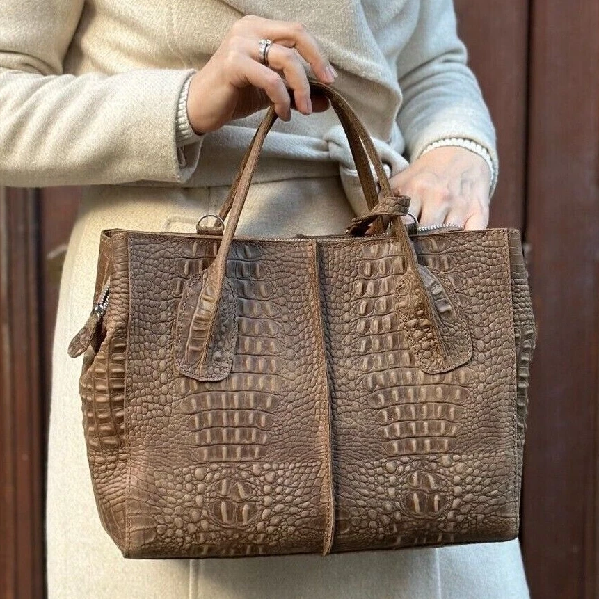 Women's Leather Handbag Beige Crocodile Imitation Sholder Bag Tote