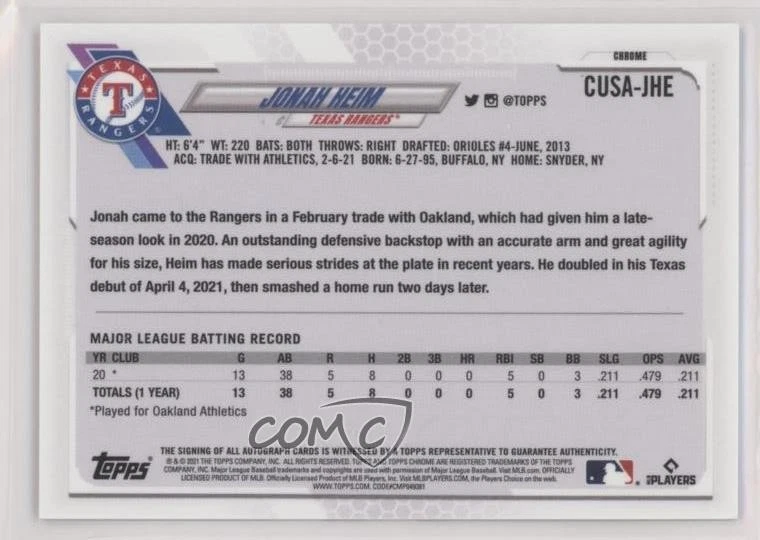 2021 Topps Chrome Update Target Chrome Auto Jonah Heim #CUSA-JHE Rookie Auto RC - Image 2 of 2