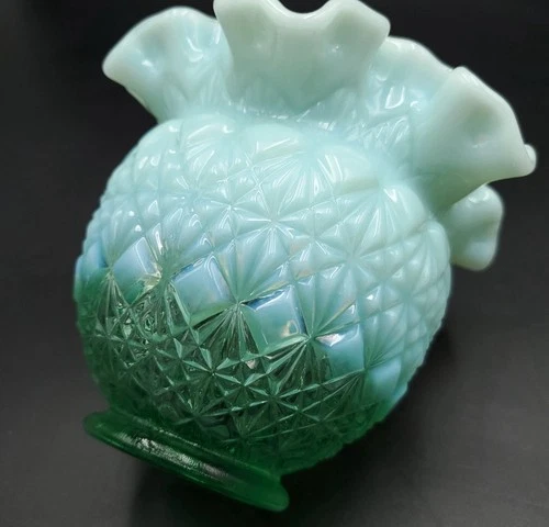 Vtg Fenton Mint Green Ruffled Vase Opalescent Glass Cut Block Pattern Round