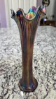 Vintage Fenton Ribbed Cobalt Blue Iridescent Carnival Glass Swung 10” Vase