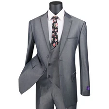 VINCI Men's Charcoal Gray Birdseye 3pc Modern Fit Suit w/ Contrast Trim - NEW