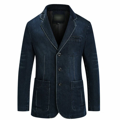 Men's Navy Denim Blazer Outwear 3 Button Casual Suit Formal Lapel Coats Jackets - Picture 10 of 10
